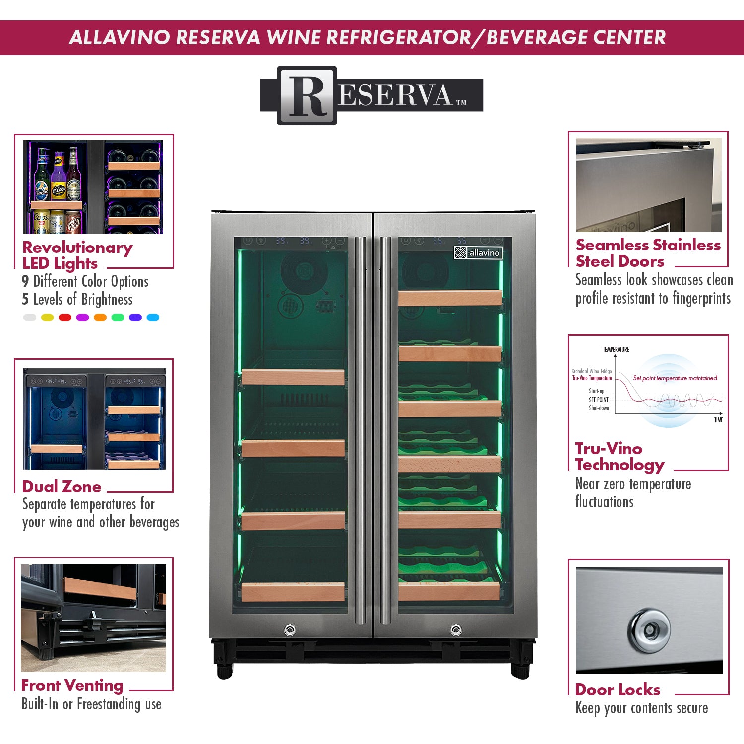 Allavino Reserva Series 24" Wide Two Door Stainless Steel Wine Refrigerator/Beverage Center With Wood Front Shelves - View 4 | Fridge.com