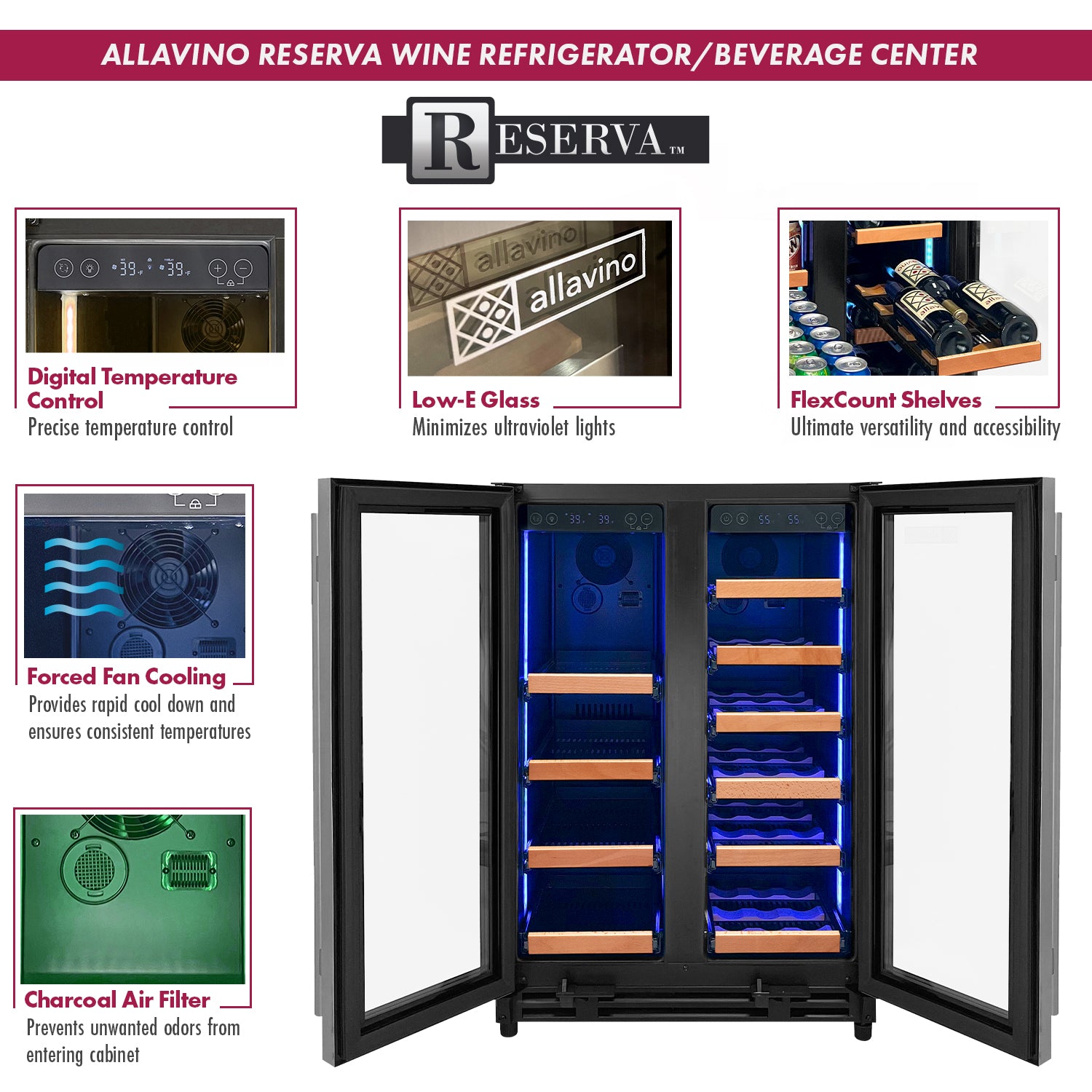 Allavino Reserva Series 24" Wide Two Door Stainless Steel Wine Refrigerator/Beverage Center With Wood Front Shelves - View 5 | Fridge.com