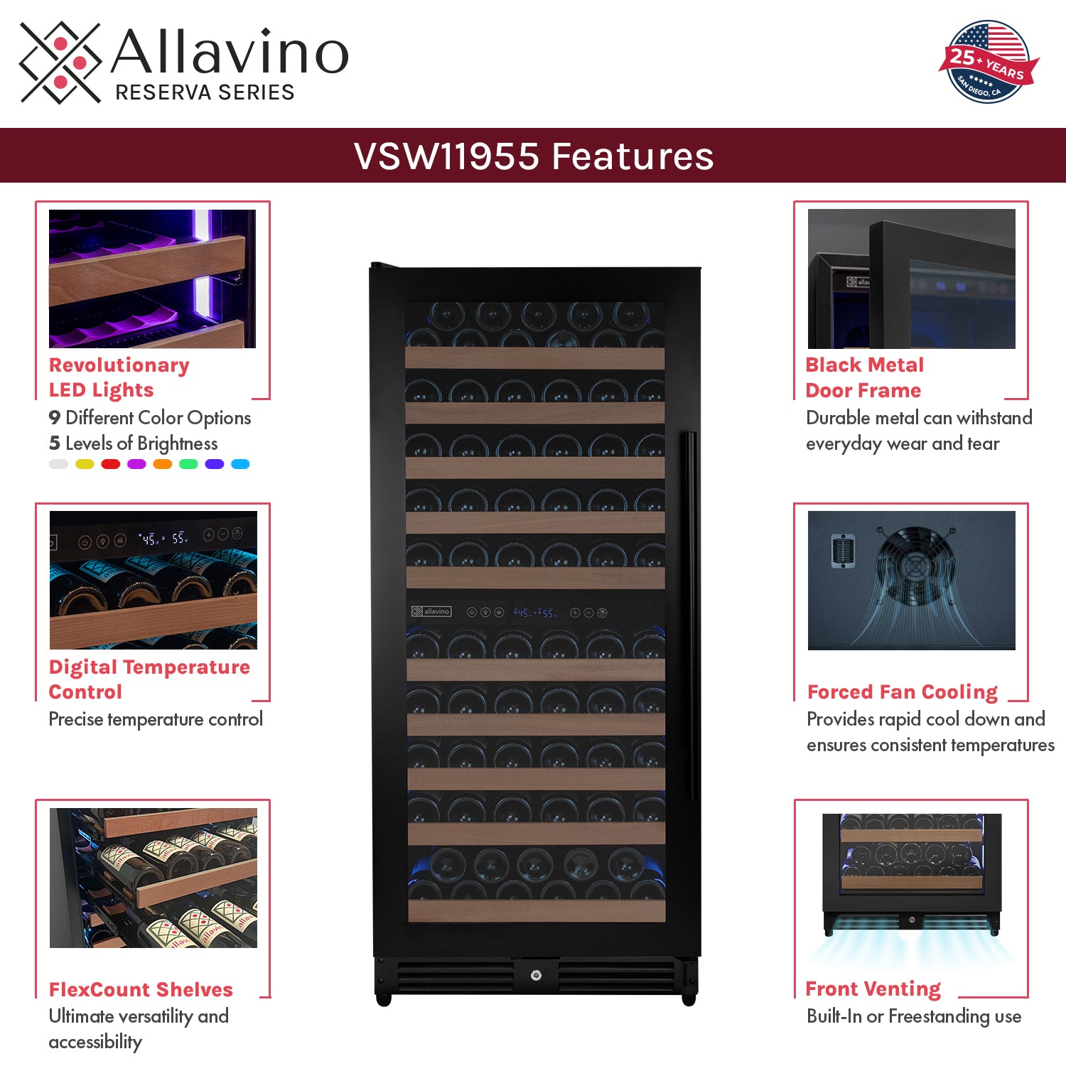 Allavino Reserva Series 119 Bottle 55" Semi Tall Dual Zone Left Hinge Black Metal Wine Refrigerator - View 4 | Fridge.com