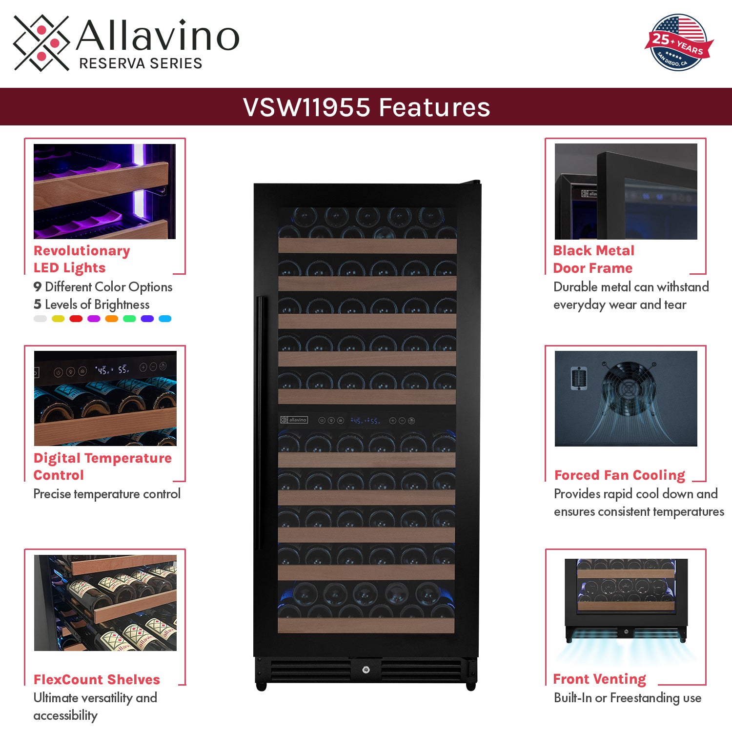 Allavino Reserva Series 119 Bottle 55" Semi Tall Dual Zone Right Hinge Black Metal Wine Refrigerator - View 5 | Fridge.com