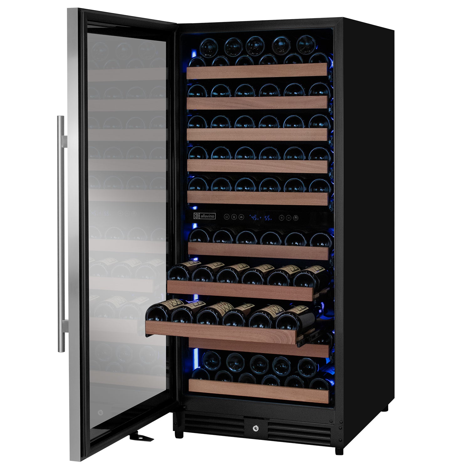 Allavino 119 Bottle 55" Tall Dual Zone Left Hinge Stainless Steel Wine Refrigerator - View 3 | Fridge.com