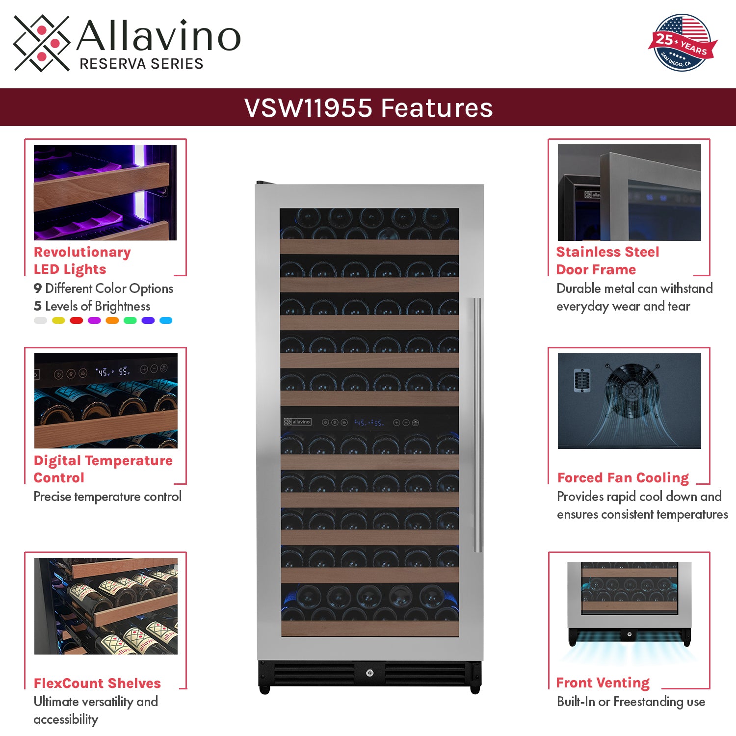 Allavino 119 Bottle 55" Tall Dual Zone Left Hinge Stainless Steel Wine Refrigerator - View 5 | Fridge.com