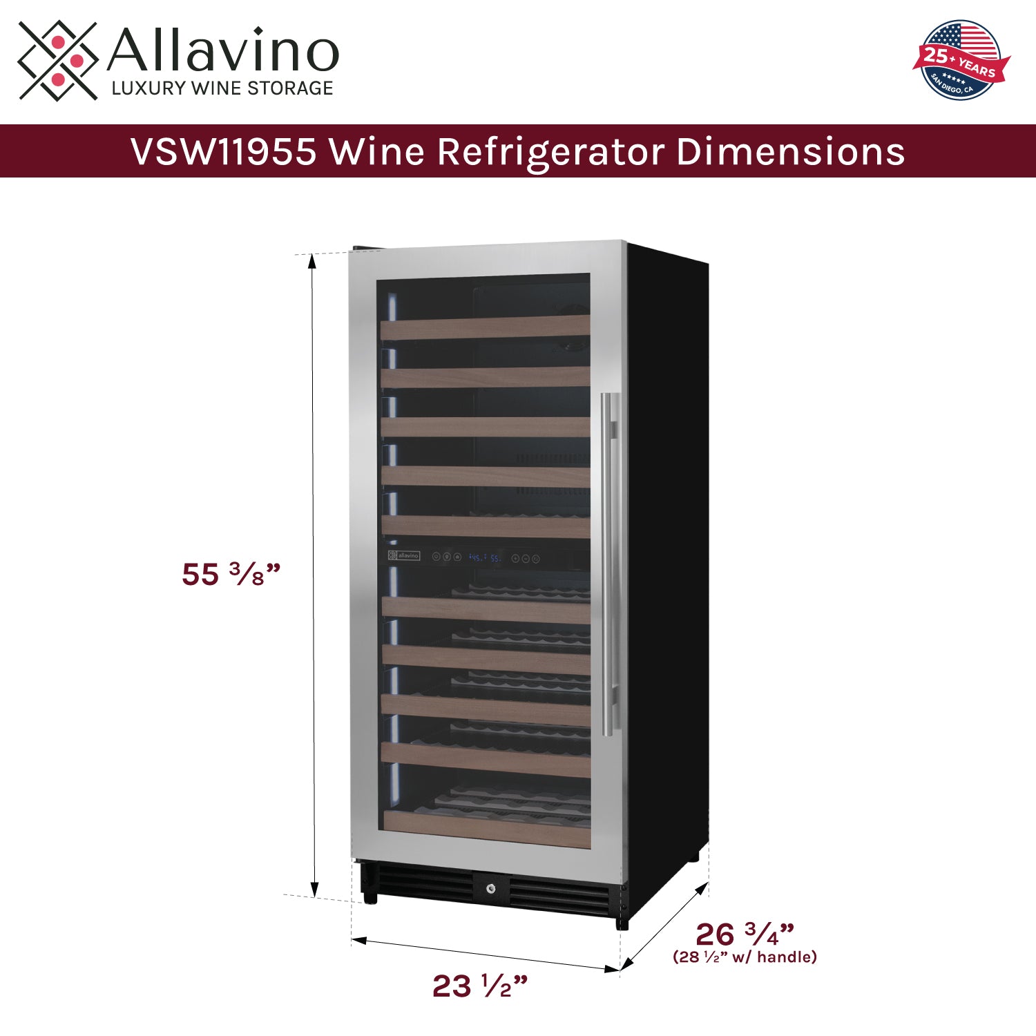 Allavino 119 Bottle 55" Tall Dual Zone Left Hinge Stainless Steel Wine Refrigerator - View 6 | Fridge.com