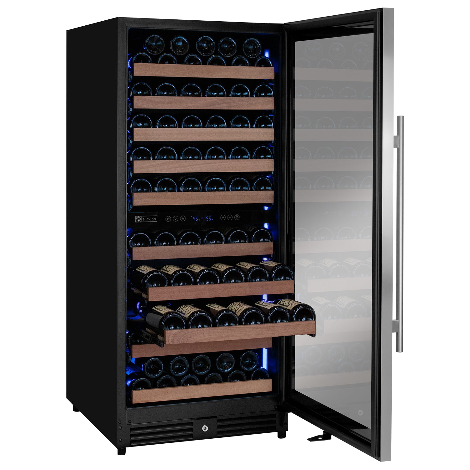 Allavino 119 Bottle 55" Tall Dual Zone Right Hinge Stainless Steel Wine Refrigerator - View 3 | Fridge.com