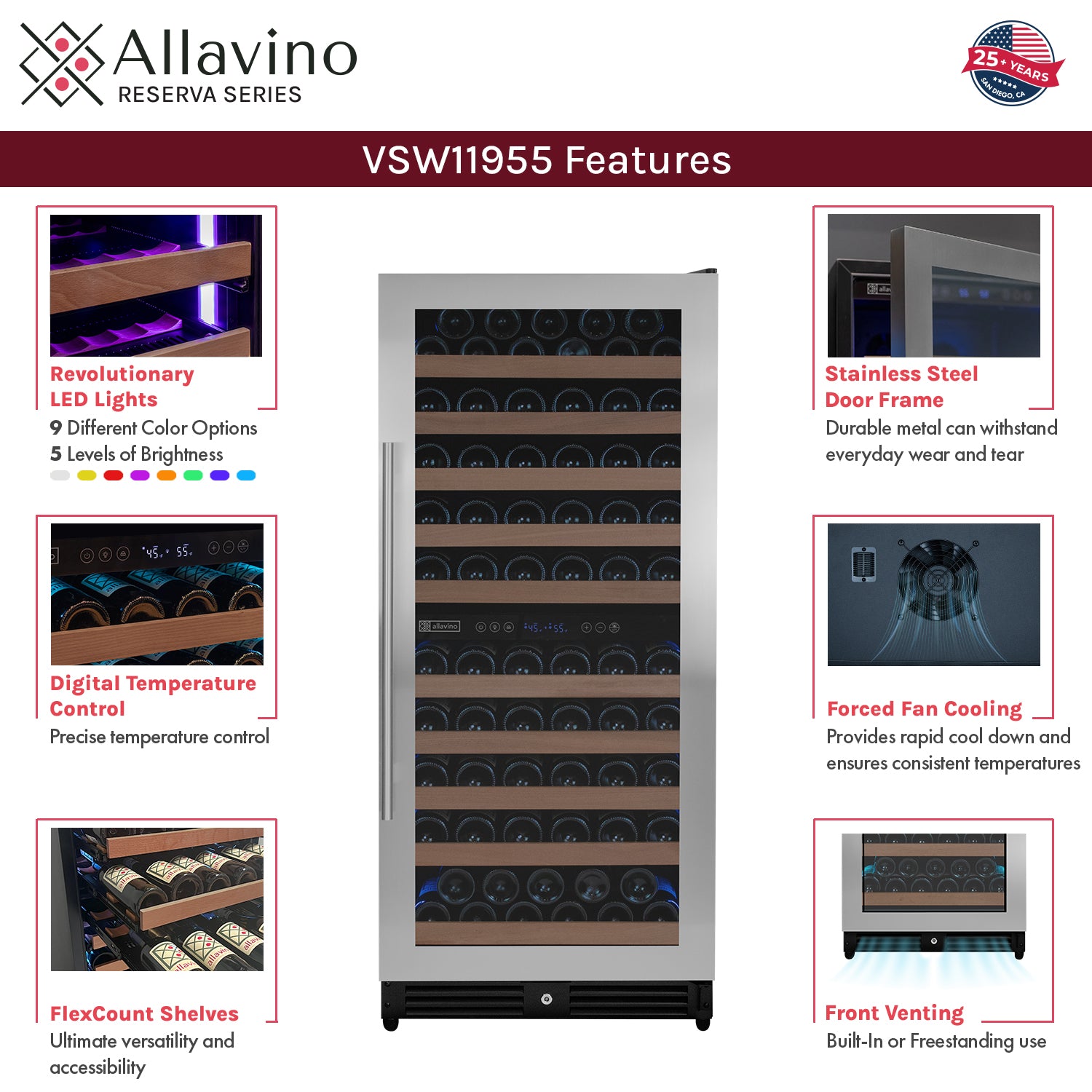 Allavino 119 Bottle 55" Tall Dual Zone Right Hinge Stainless Steel Wine Refrigerator - View 5 | Fridge.com