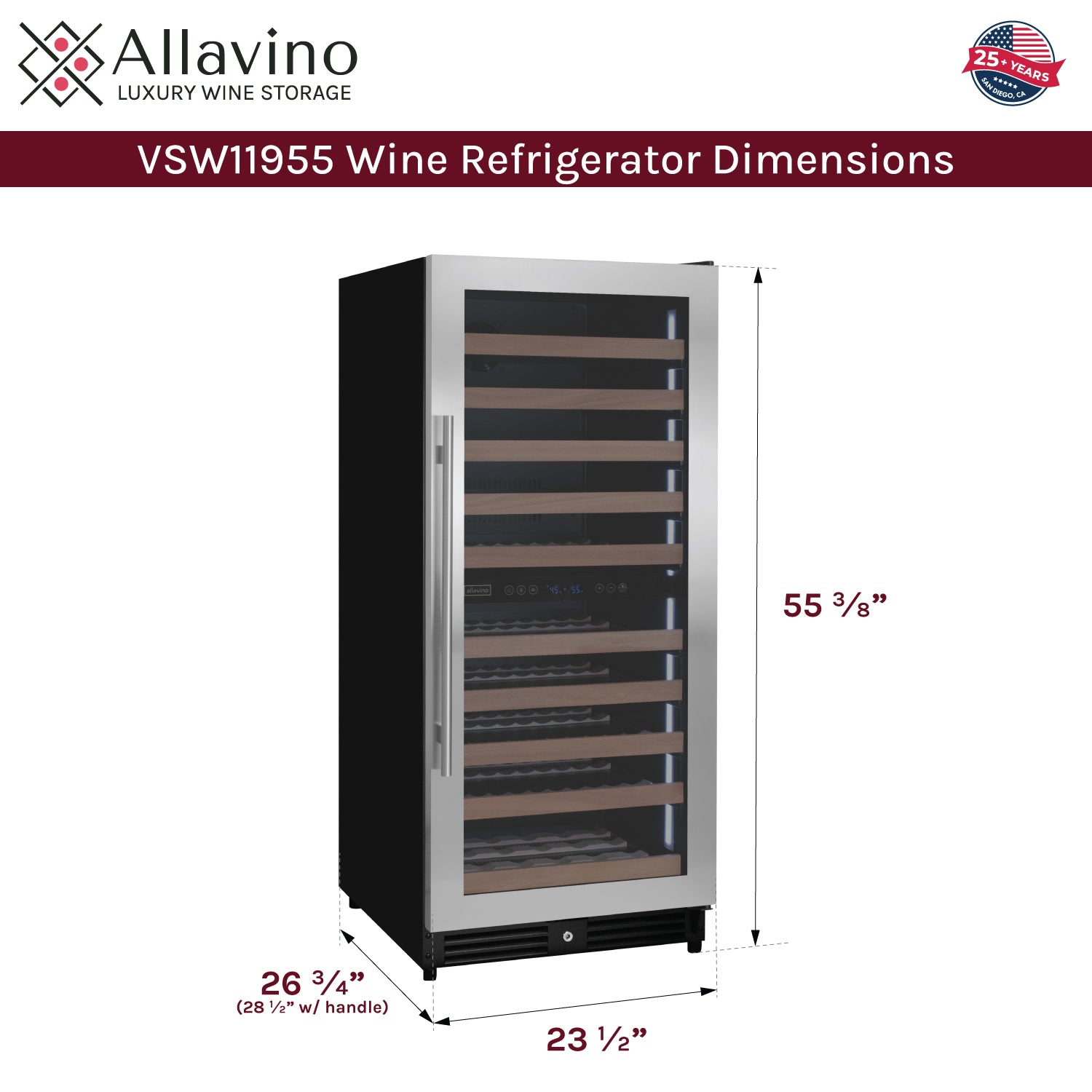 Allavino 119 Bottle 55" Tall Dual Zone Right Hinge Stainless Steel Wine Refrigerator - View 6 | Fridge.com
