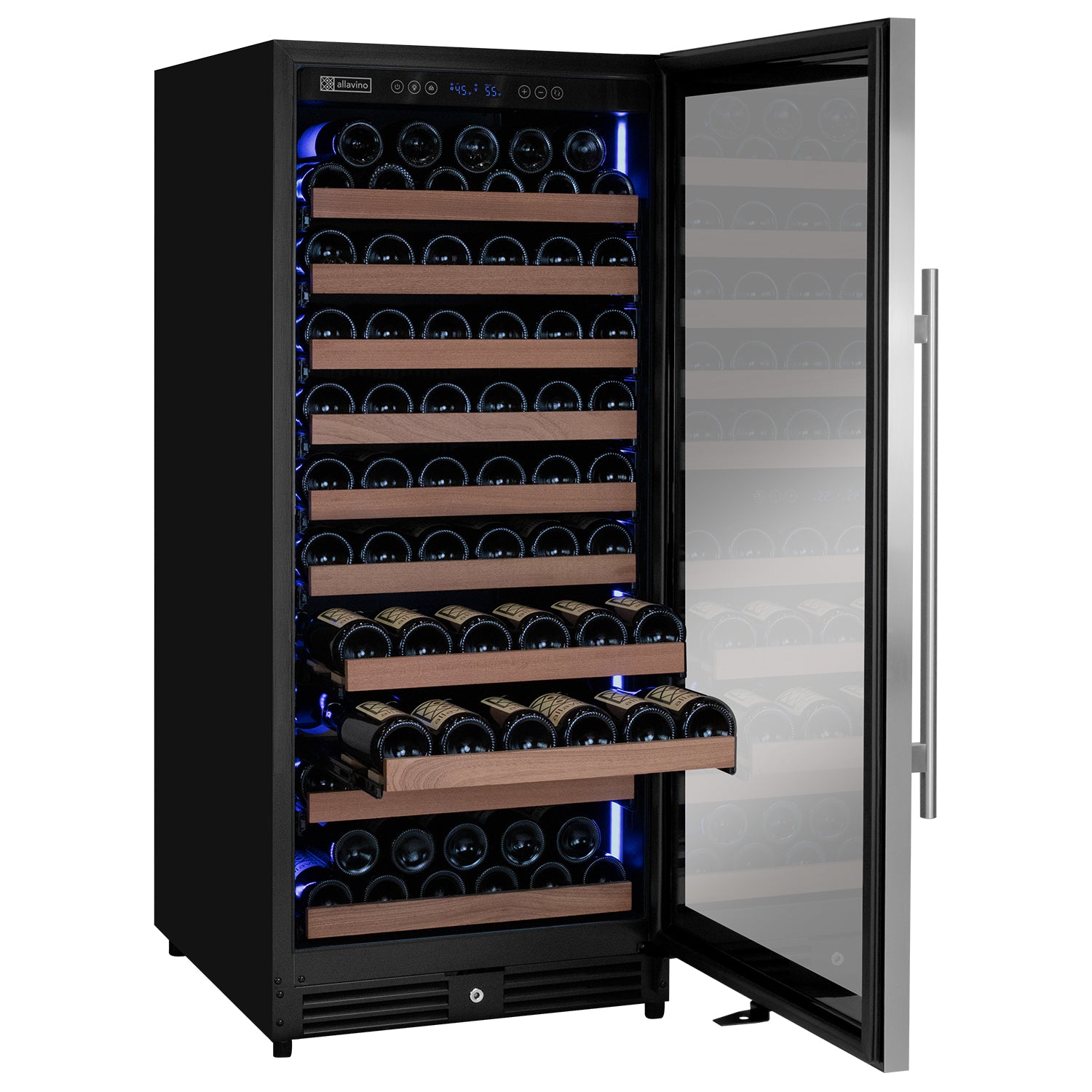 Allavino 119 Bottle 55" Tall Single Zone Right Hinge Stainless Steel Wine Refrigerator - View 3 | Fridge.com