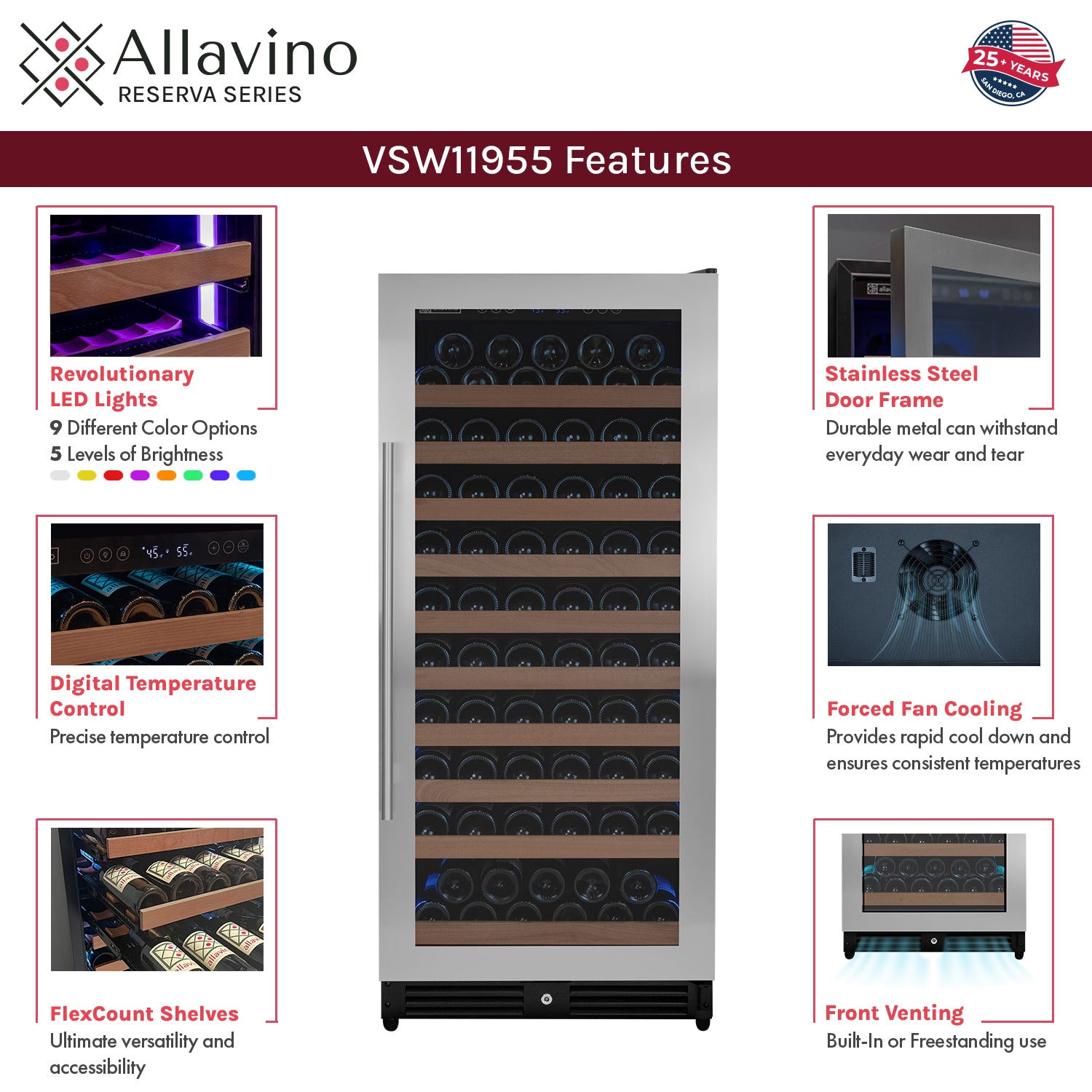 Allavino 119 Bottle 55" Tall Single Zone Right Hinge Stainless Steel Wine Refrigerator - View 5 | Fridge.com