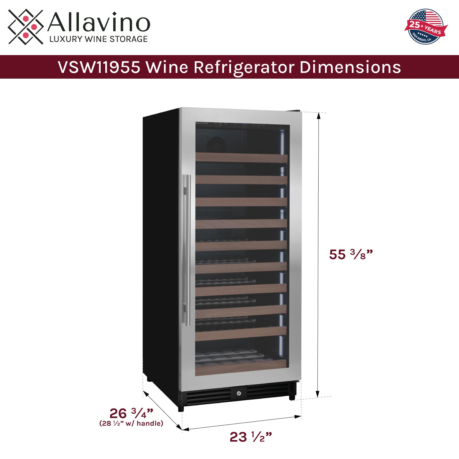Allavino 119 Bottle 55" Tall Single Zone Right Hinge Stainless Steel Wine Refrigerator - View 6 | Fridge.com