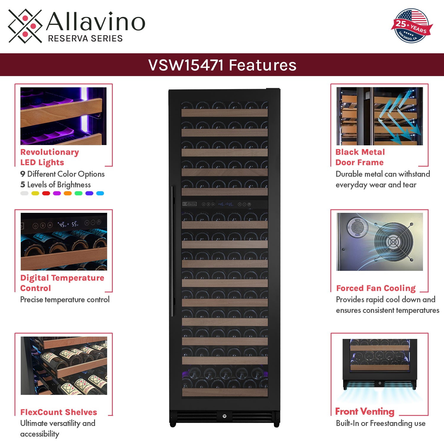 Allavino Reserva Series 154 Bottle 71" Tall Dual Zone Built-In Right Hinge Wine Refrigerator With Black Metal Door - View 5 | Fridge.com