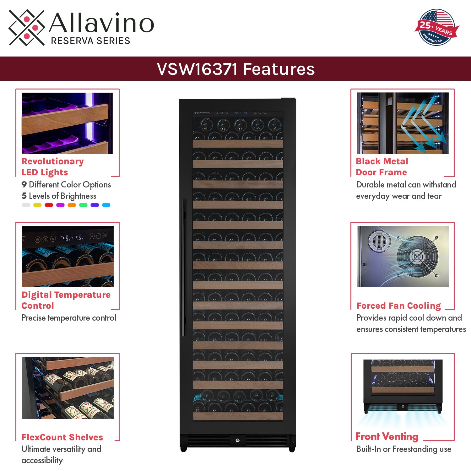 Reserva Series 163 Bottle 71" Tall Single Zone Right Hinge Black Metal Wine Cooler Refrigerator - View 5 | Fridge.com