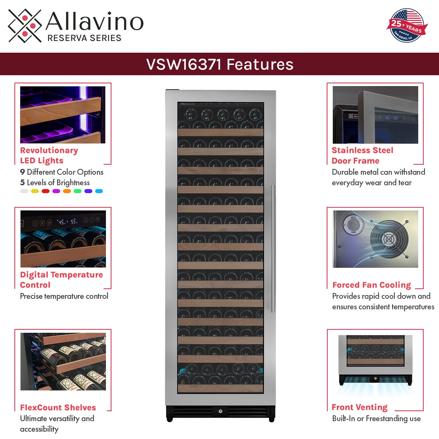 Allavino Reserva Series 163 Bottle 71" Tall Single Zone Left Hinge Stainless Steel Wine Refrigerator - View 5 | Fridge.com