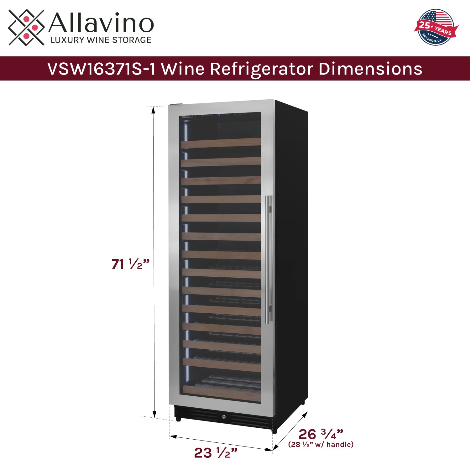 Allavino Reserva Series 163 Bottle 71" Tall Single Zone Left Hinge Stainless Steel Wine Refrigerator - View 6 | Fridge.com