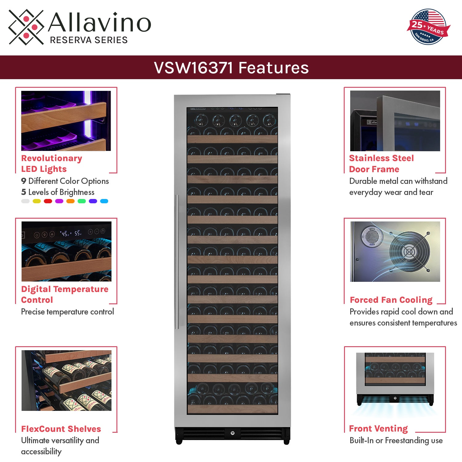 Allavino Reserva Series 163 Bottle 71" Tall Single Zone Right Hinge Stainless Steel Wine Cooler Refrigerator - View 5 | Fridge.com