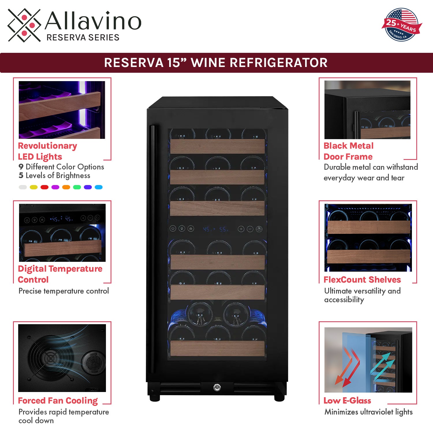 Allavino 15" Wide Reserva Series 30 Bottle Dual Zone Black Right Hinge Wine Refrigerator - View 5 | Fridge.com