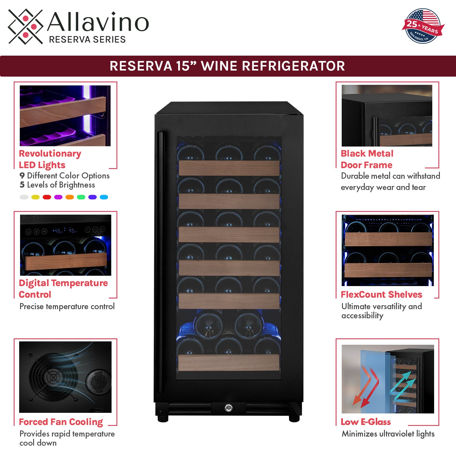 Allavino 15" Wide Reserva Series 30 Bottle Single Zone Black Right Hinge Wine Refrigerator - View 4 | Fridge.com