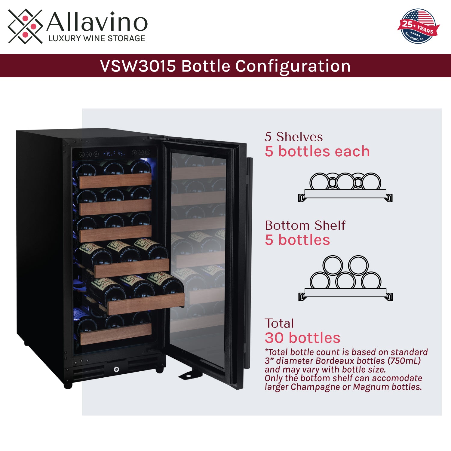 Allavino 15" Wide Reserva Series 30 Bottle Single Zone Black Right Hinge Wine Refrigerator - View 6 | Fridge.com