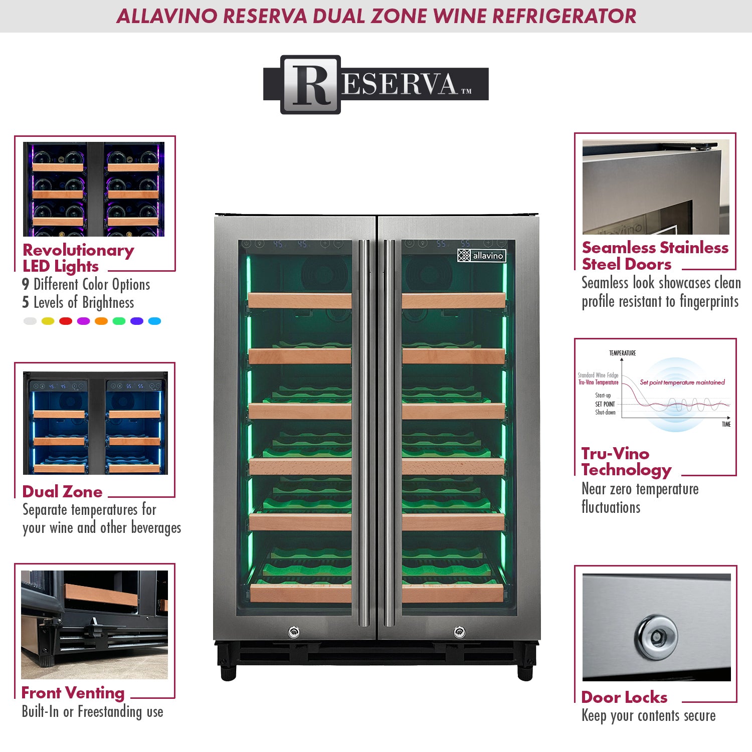 Allavino Reserva Series 36 Bottle Dual Zone Wine Refrigerator With Stainless Steel French Doors - View 4 | Fridge.com