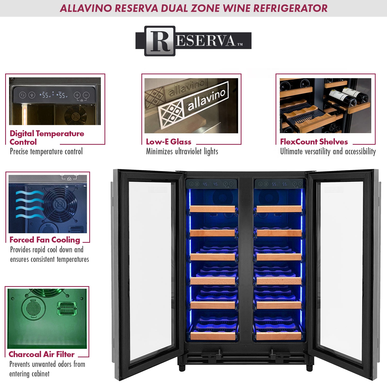 Allavino Reserva Series 36 Bottle Dual Zone Wine Refrigerator With Stainless Steel French Doors - View 5 | Fridge.com
