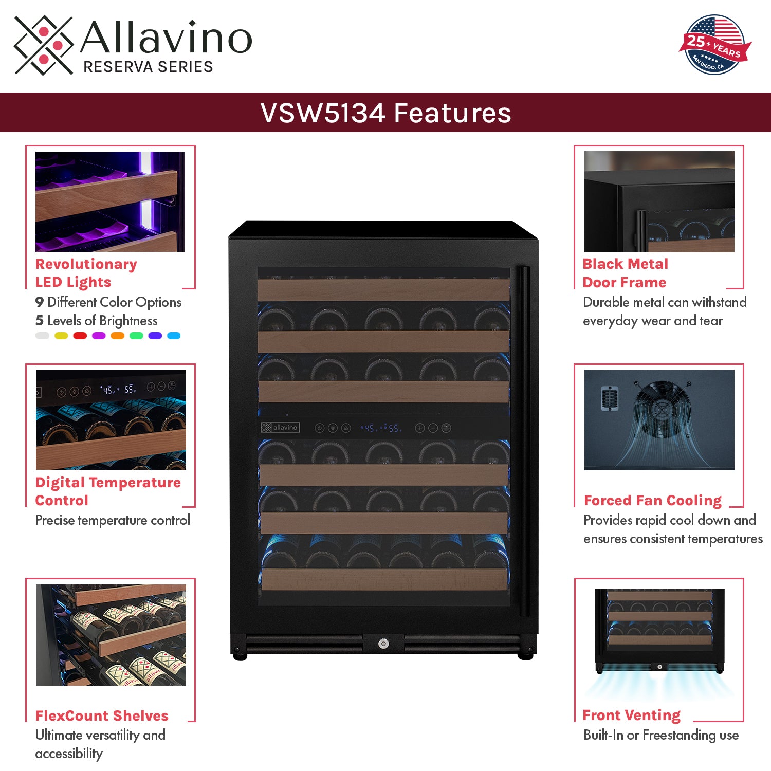 Allavino Reserva Series - 51 Bottle Dual Zone Built-In Luxury Wine Refrigerator With Black Door - Left Hinge - View 5 | Fridge.com