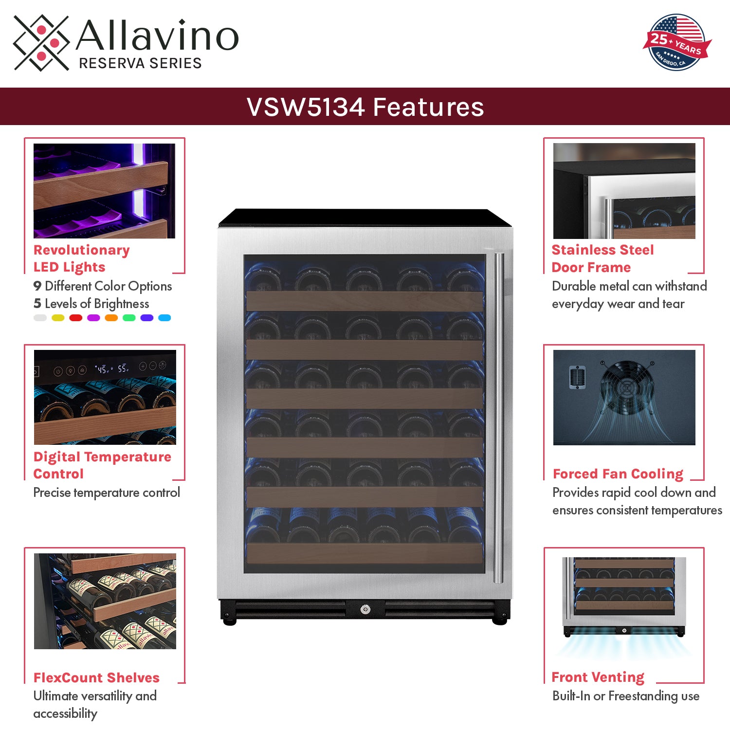 Allavino Reserva Series 51 Bottle Single Zone Built-In Luxury Wine Refrigerator With Stainless Steel Door - Left Hinge - View 5 | Fridge.com