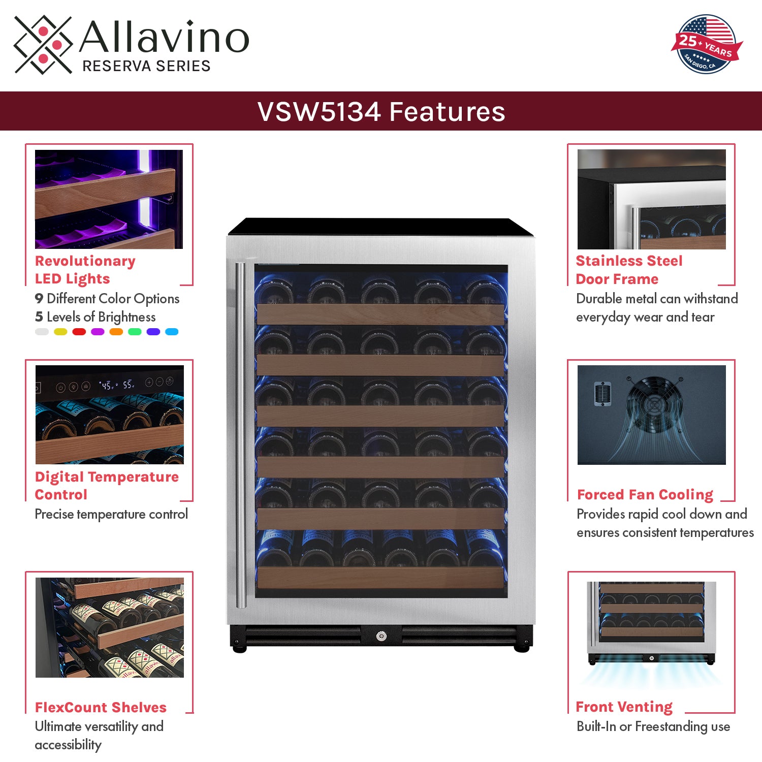 Allavino Reserva Series 51 Bottle Single Zone Built-In Luxury Wine Refrigerator With Stainless Steel Door - Right Hinge - View 5 | Fridge.com