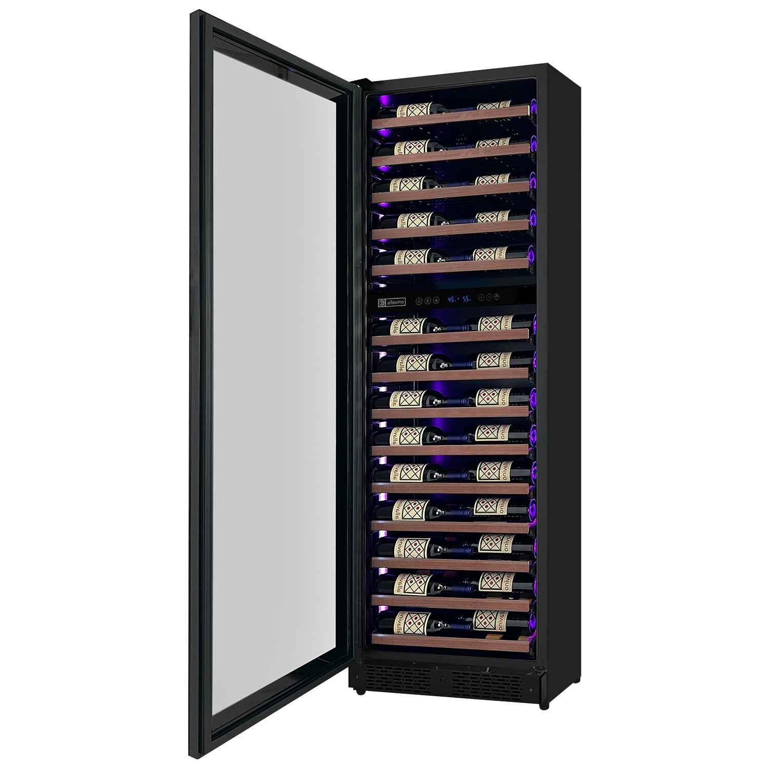 Allavino Reserva Series 67 Bottle 71" Tall Dual Zone Left Hinge Black Shallow Wine Refrigerator With Wood Front Shelves - View 3 | Fridge.com