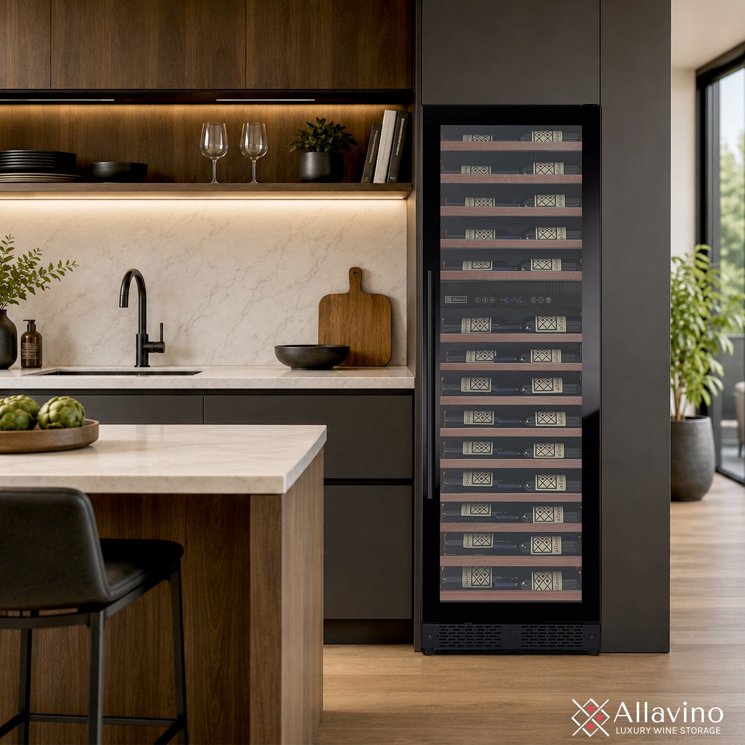Allavino Reserva Series 67 Bottle 71" Tall Dual Zone Left Hinge Black Shallow Wine Refrigerator With Wood Front Shelves - View 4 | Fridge.com