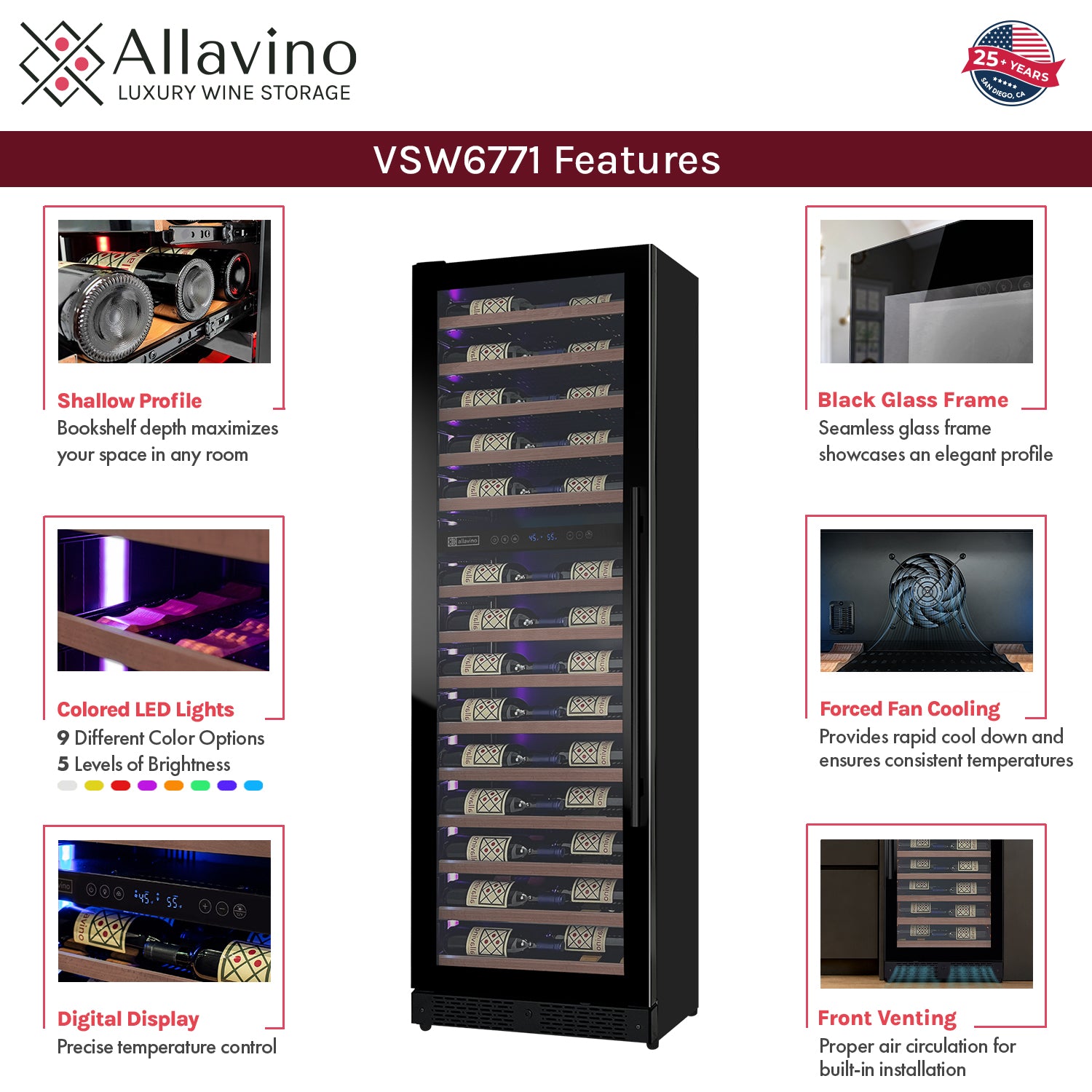 Allavino Reserva Series 67 Bottle 71" Tall Dual Zone Left Hinge Black Shallow Wine Refrigerator With Wood Front Shelves - View 5 | Fridge.com