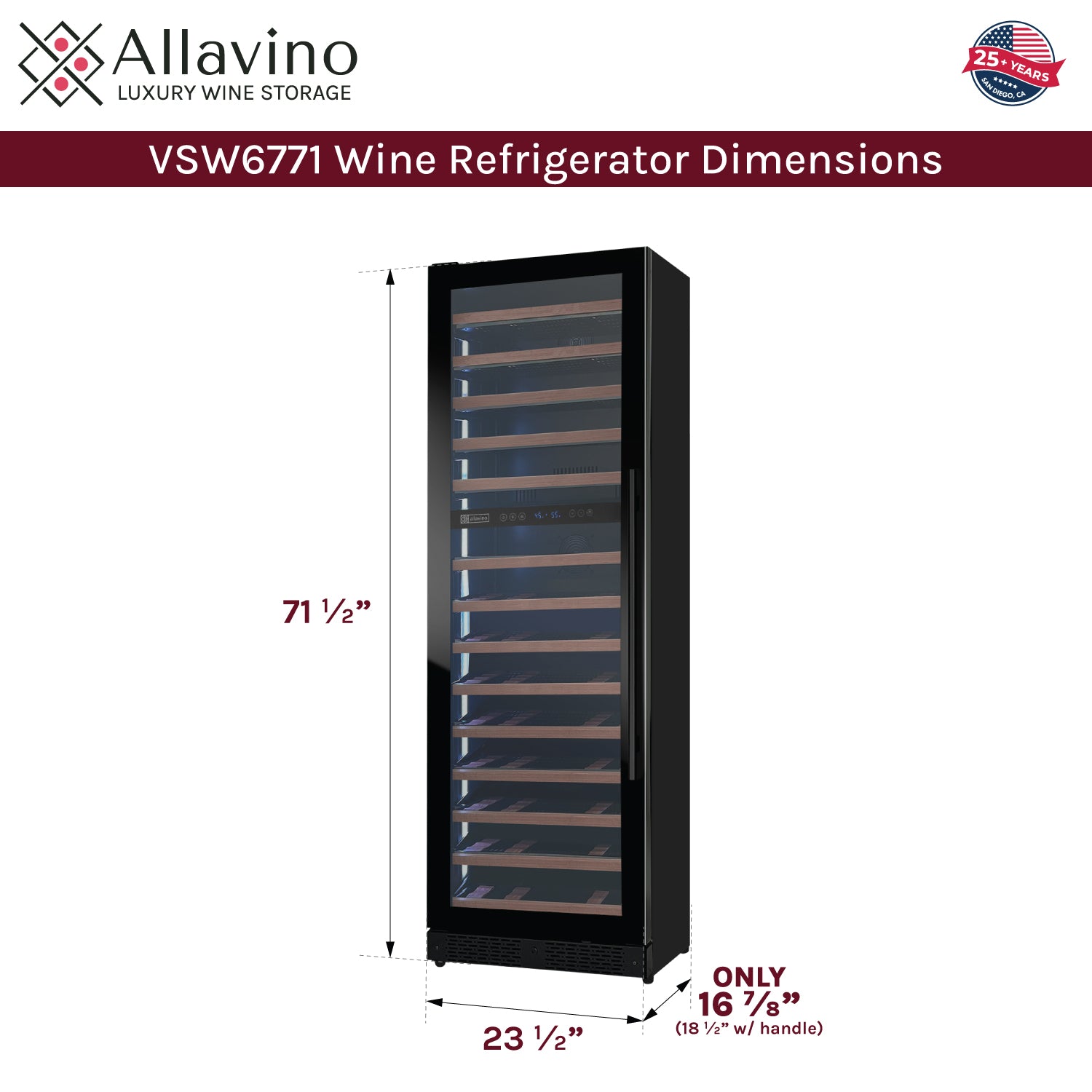 Allavino Reserva Series 67 Bottle 71" Tall Dual Zone Left Hinge Black Shallow Wine Refrigerator With Wood Front Shelves - View 6 | Fridge.com