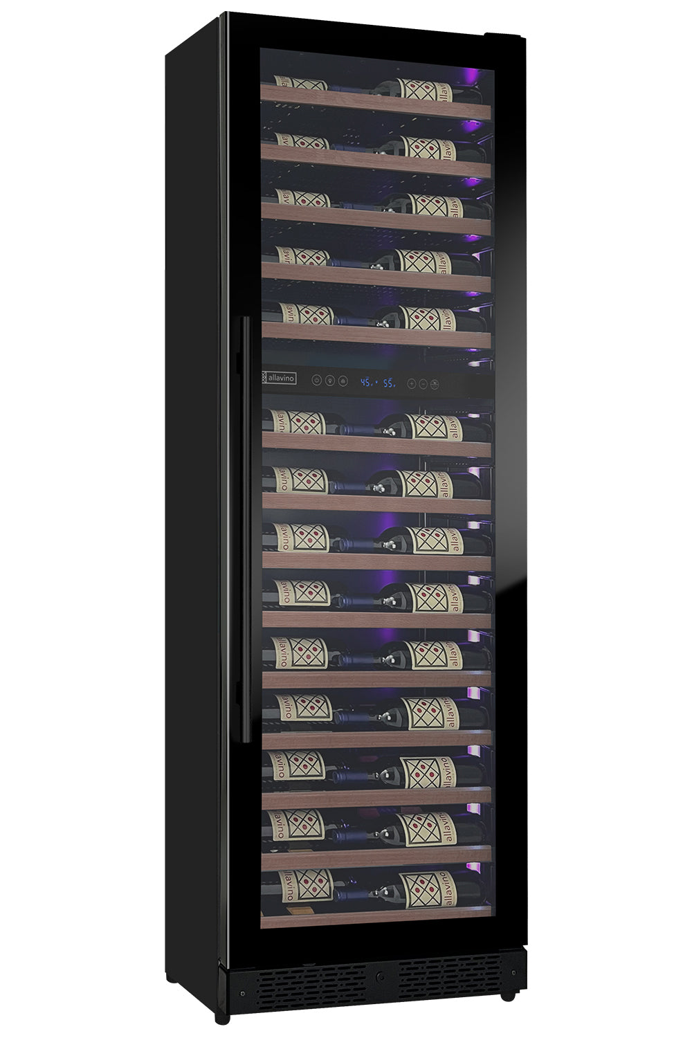 Allavino Reserva Series 67 Bottle 71" Tall Dual Zone Right Hinge Black Shallow Wine Refrigerator With Wood Front Shelves - View 2 | Fridge.com
