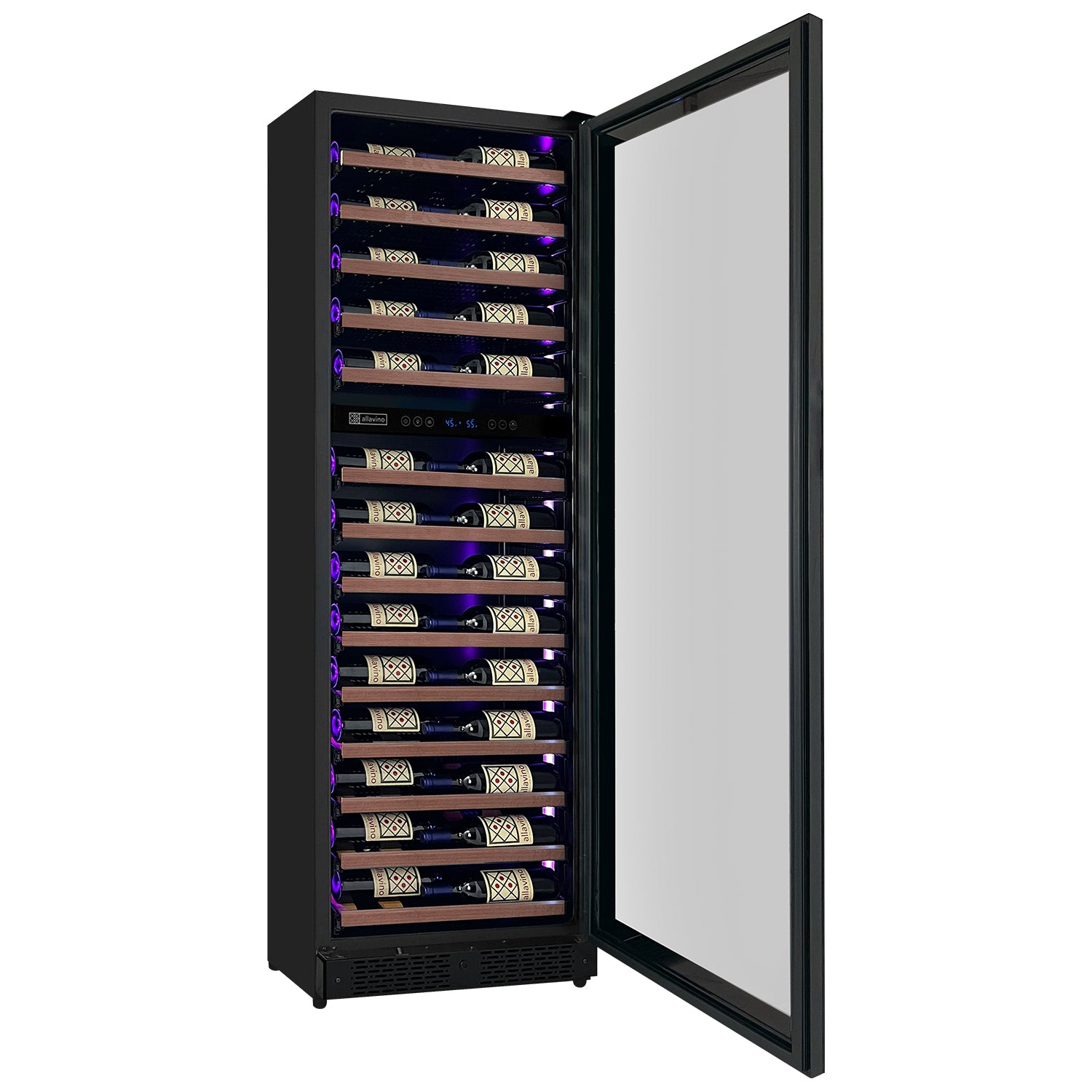 Allavino Reserva Series 67 Bottle 71" Tall Dual Zone Right Hinge Black Shallow Wine Refrigerator With Wood Front Shelves - View 3 | Fridge.com