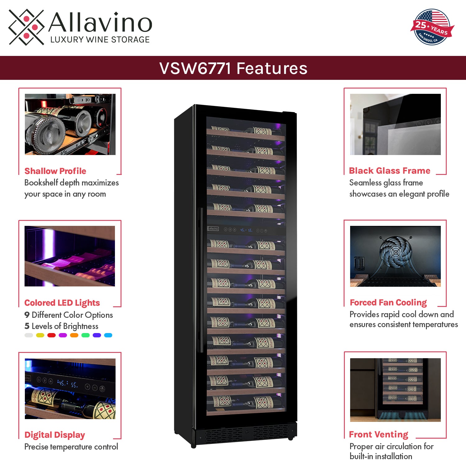 Allavino Reserva Series 67 Bottle 71" Tall Dual Zone Right Hinge Black Shallow Wine Refrigerator With Wood Front Shelves - View 5 | Fridge.com