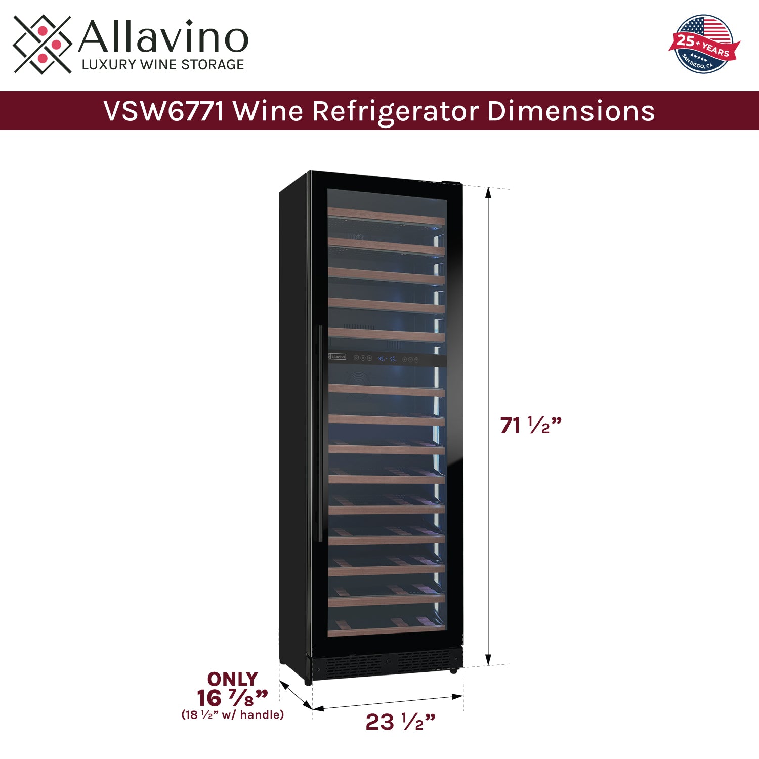 Allavino Reserva Series 67 Bottle 71" Tall Dual Zone Right Hinge Black Shallow Wine Refrigerator With Wood Front Shelves - View 6 | Fridge.com