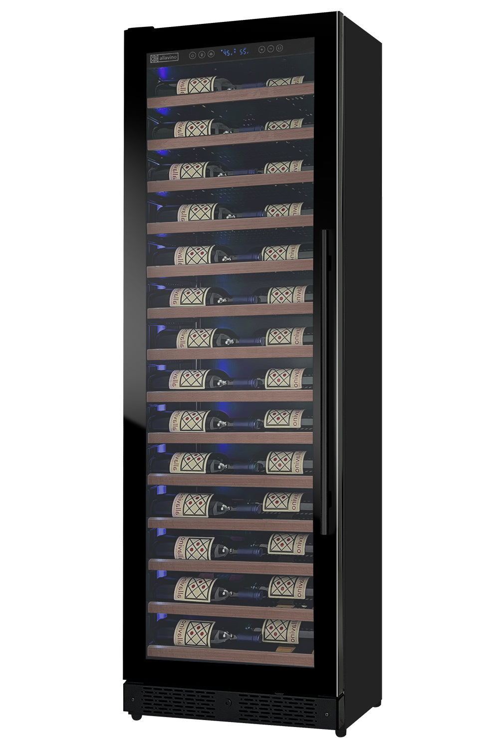 Allavino Reserva Series 67 Bottle 71" Tall Single Zone Left Hinge Black Shallow Wine Refrigerator with Wood Front Shelves — FIN-0016656 | Fridge.com