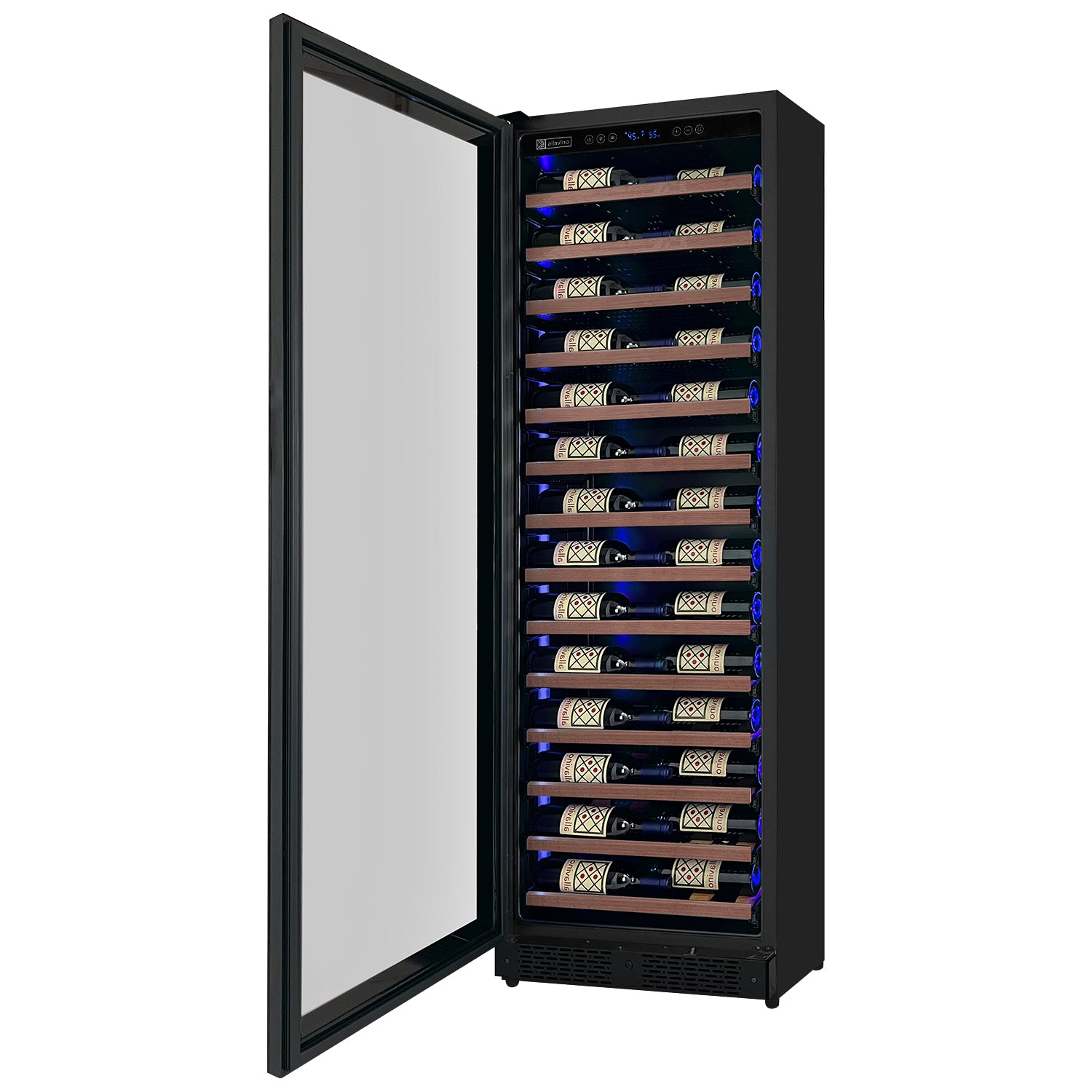 Allavino Reserva Series 67 Bottle 71" Tall Single Zone Left Hinge Black Shallow Wine Refrigerator with Wood Front Shelves — FIN-0016656 | Fridge.com