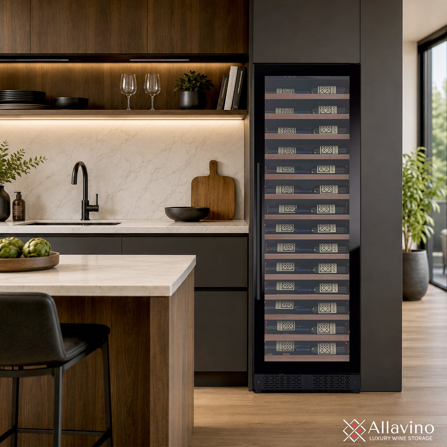 Allavino Reserva Series 67 Bottle 71" Tall Single Zone Left Hinge Black Shallow Wine Refrigerator with Wood Front Shelves — FIN-0016656 | Fridge.com