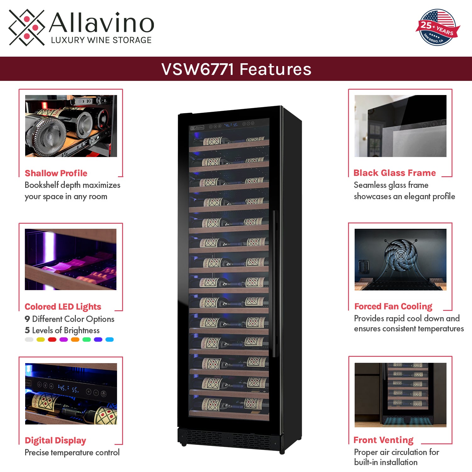 Allavino Reserva Series 67 Bottle 71" Tall Single Zone Left Hinge Black Shallow Wine Refrigerator With Wood Front Shelves - View 5 | Fridge.com