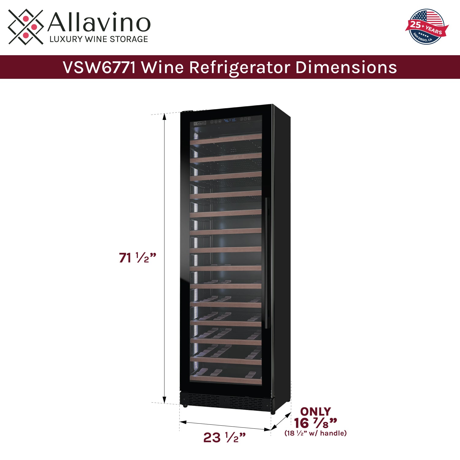 Allavino Reserva Series 67 Bottle 71" Tall Single Zone Left Hinge Black Shallow Wine Refrigerator With Wood Front Shelves - View 6 | Fridge.com