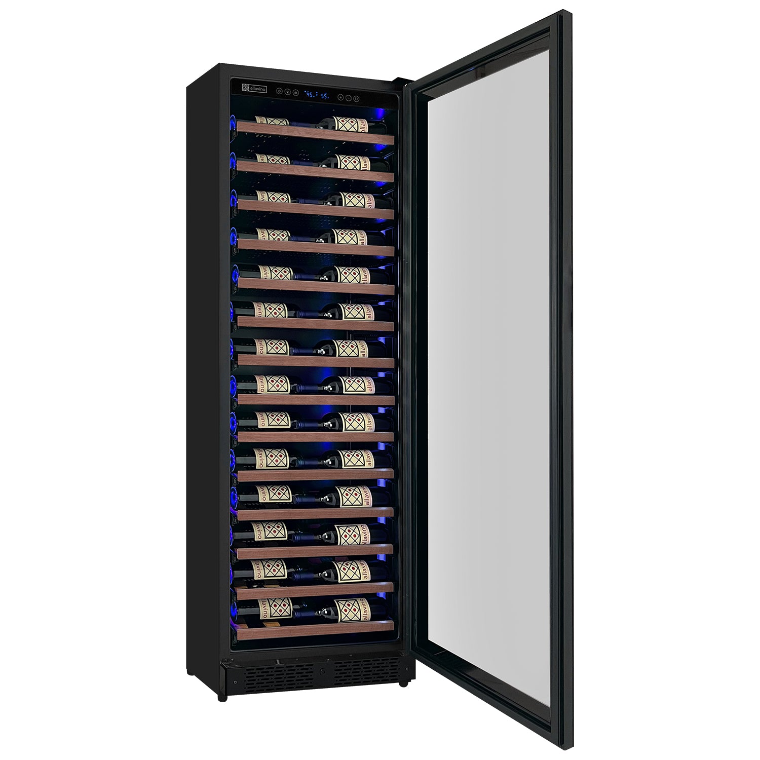 Allavino Reserva Series 67 Bottle 71" Tall Single Zone Right Hinge Black Shallow Wine Refrigerator With Wood Front Shelves - View 3 | Fridge.com
