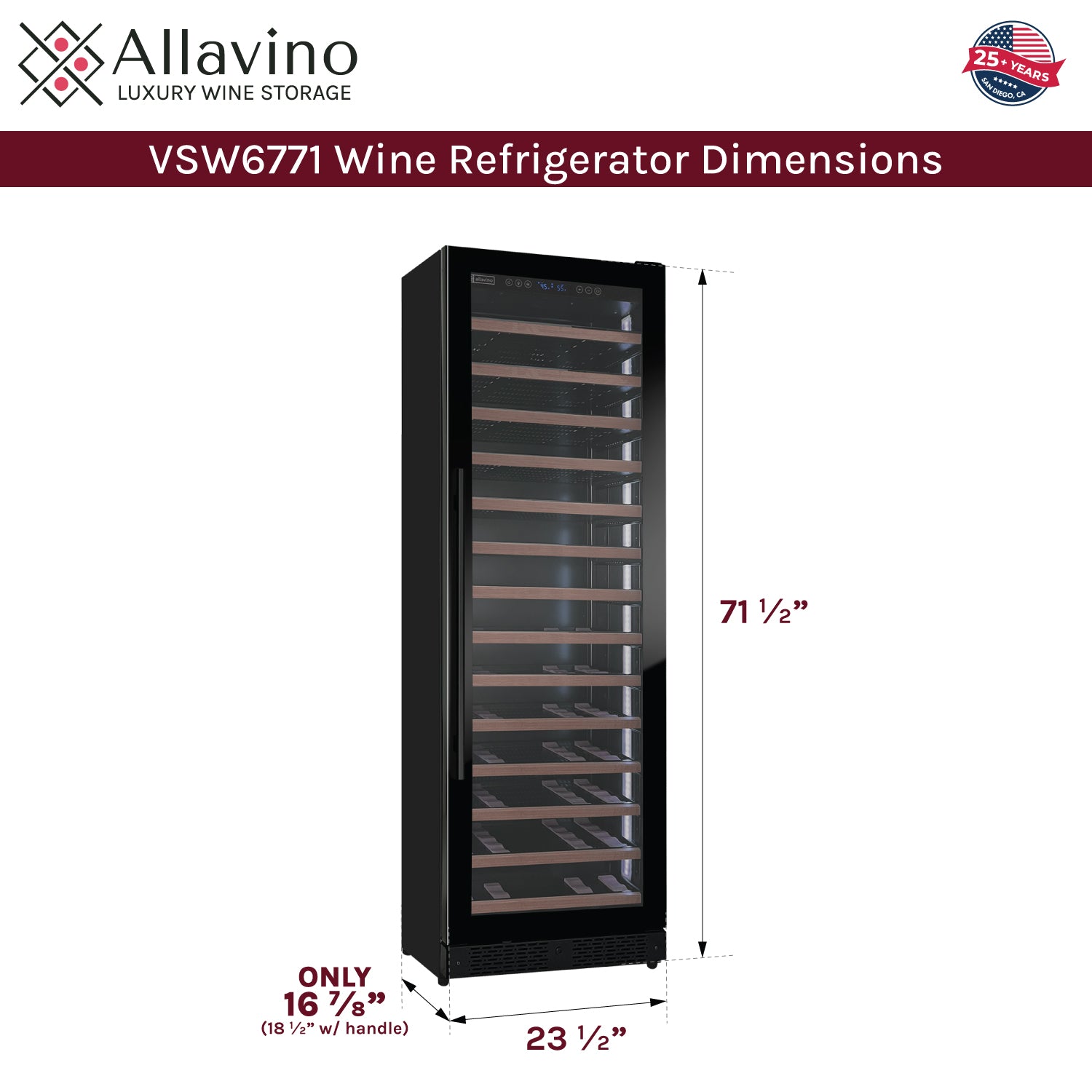 Allavino Reserva Series 67 Bottle 71" Tall Single Zone Right Hinge Black Shallow Wine Refrigerator With Wood Front Shelves - View 6 | Fridge.com