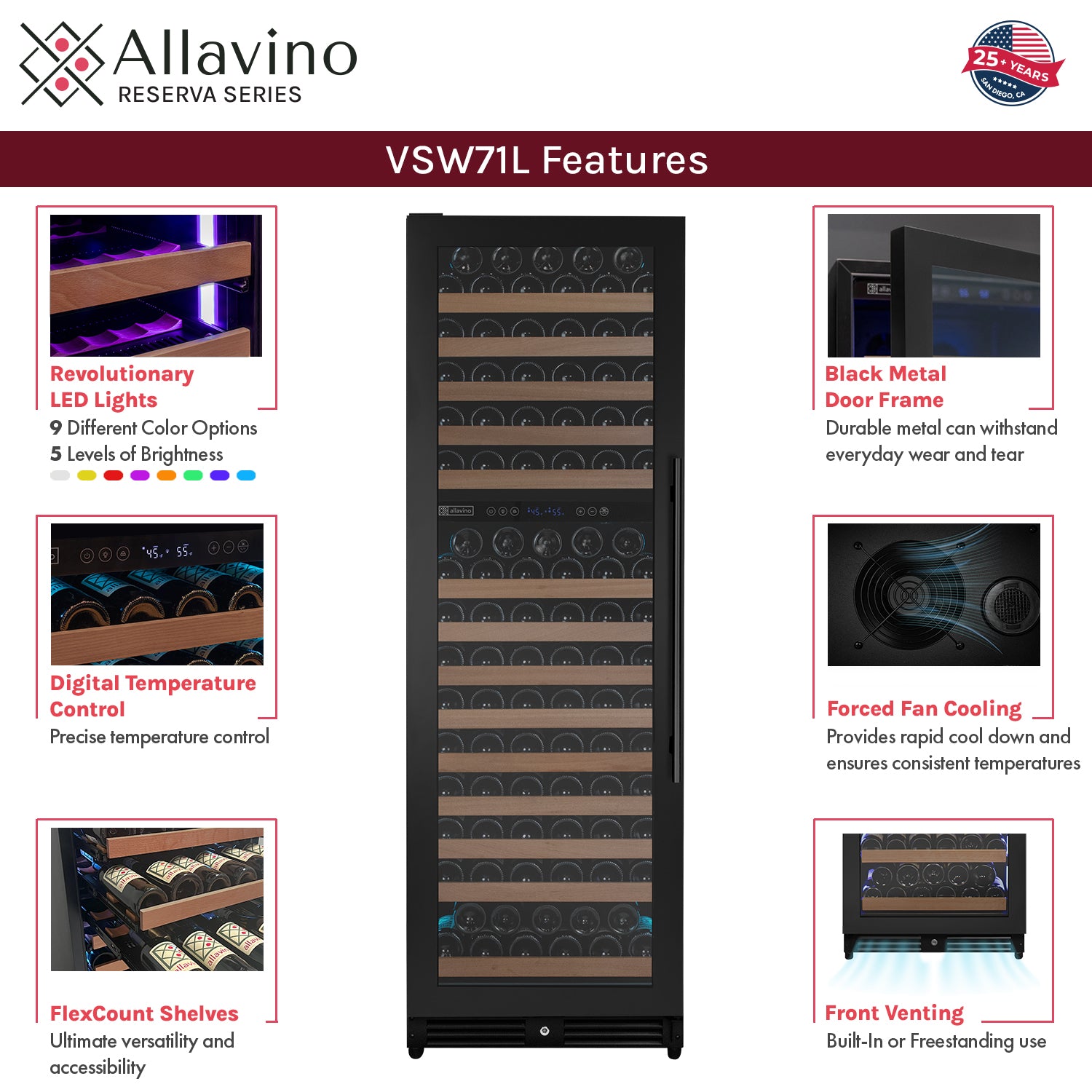 Allavino Reserva Series 172 Bottle Dual Zone Built-In Wine Refrigerator With Black Metal Door - Left Hinge - View 5 | Fridge.com