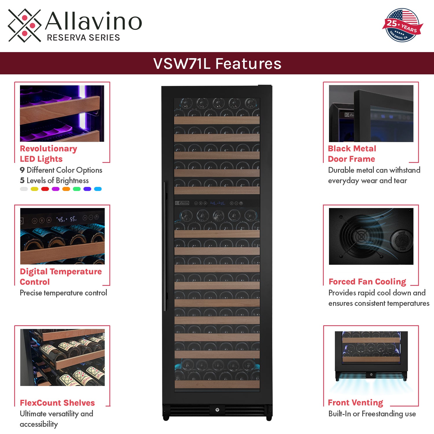 Allavino Reserva Series 172 Bottle Dual Zone Built-In Wine Refrigerator With Black Metal Door - Right Hinge - View 5 | Fridge.com