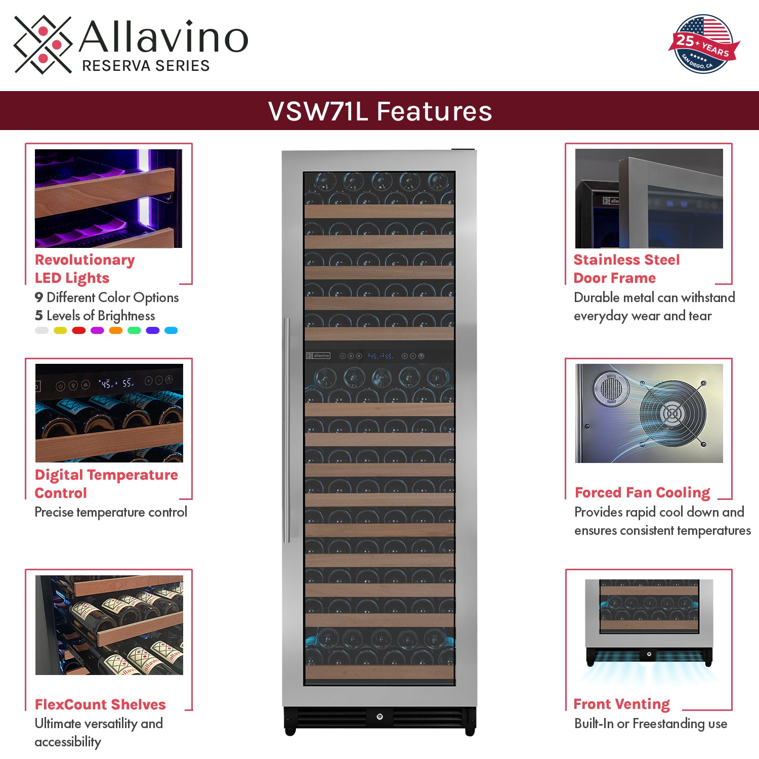 Allavino Reserva Series 172 Bottle Dual Zone Built-In Wine Refrigerator With Stainless Steel Door - Right Hinge - View 5 | Fridge.com