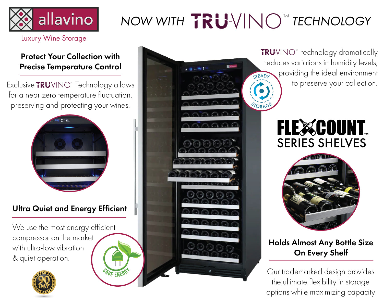 Allavino 24" Wide Flexcount Ii Tru-Vino 177 Bottle Single Zone Stainless Steel Left Hinge Wine Refrigerator - View 3 | Fridge.com