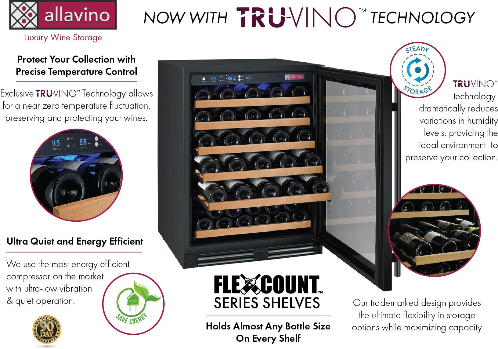 Allavino Flexcount Series 56 Bottle Single Zone Built-In Wine Refrigerator With Black Door - Right Hinge - View 3 | Fridge.com