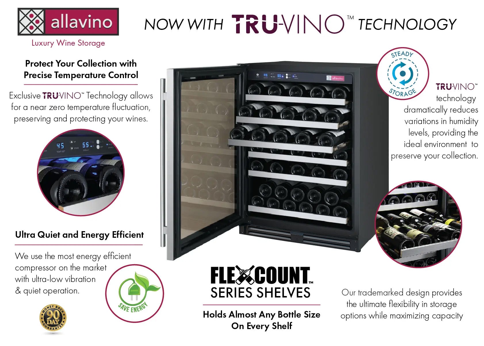 Allavino Flexcount Series 56 Bottle Single Zone Built-In Wine Cooler Refrigerator With Stainless Steel Door - Left Hinge - View 3 | Fridge.com