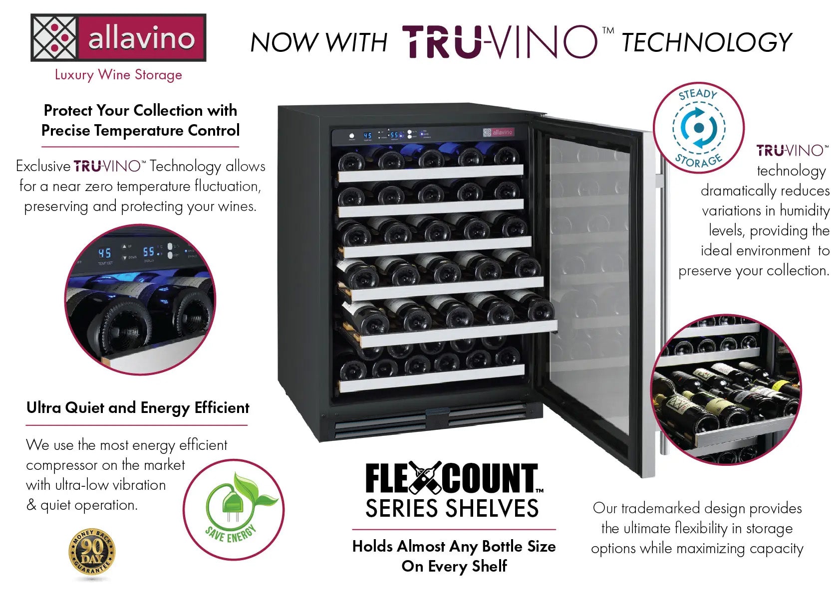 Allavino Flexcount Series 56 Bottle Single Zone Undercounter Wine Refrigerator With Stainless Steel Door - Right Hinge - View 3 | Fridge.com