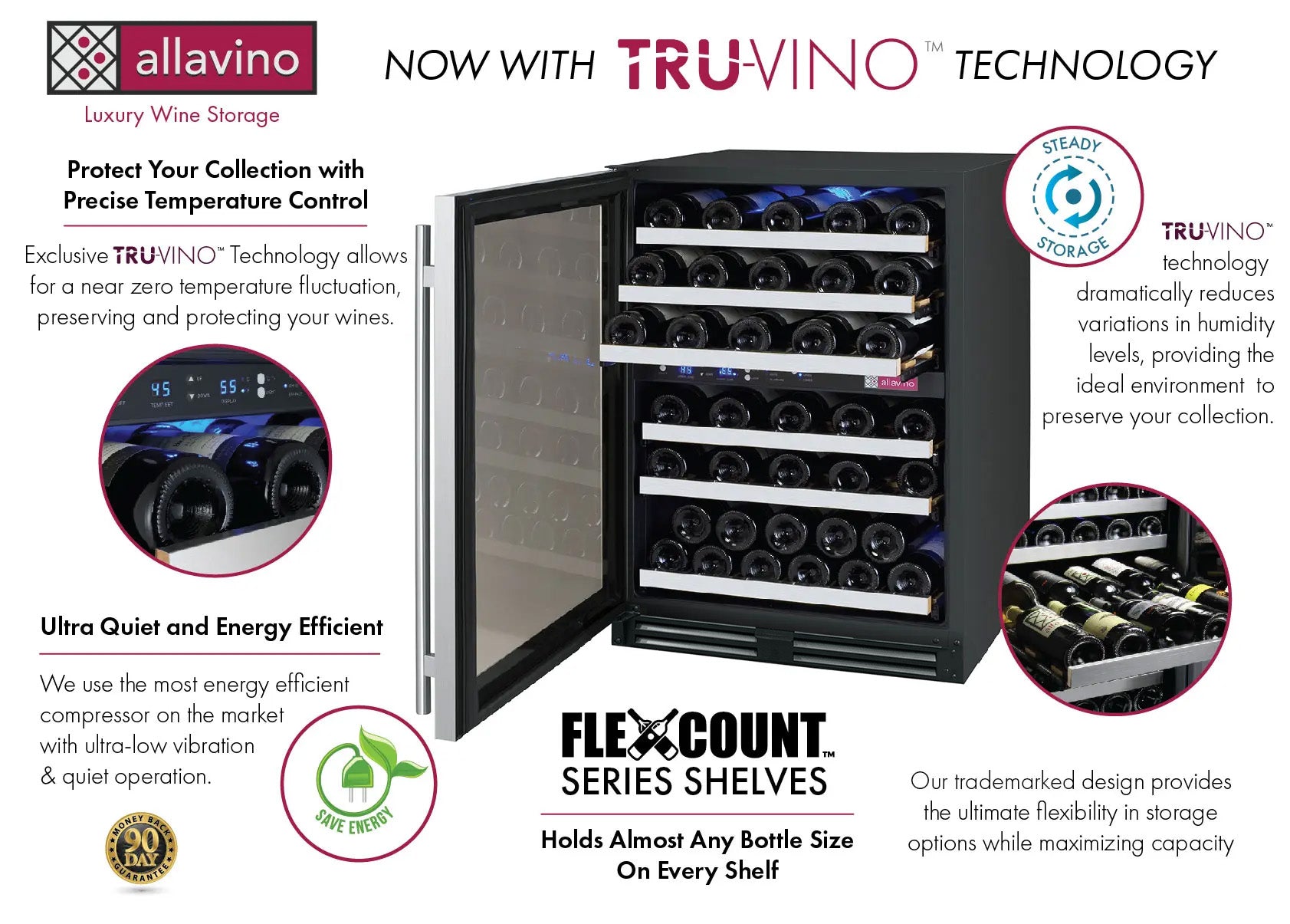 Allavino Flexcount Series 56 Bottle Dual Zone Built-In Wine Refrigerator Cooler With Stainless Steel - Left Hinge - View 3 | Fridge.com