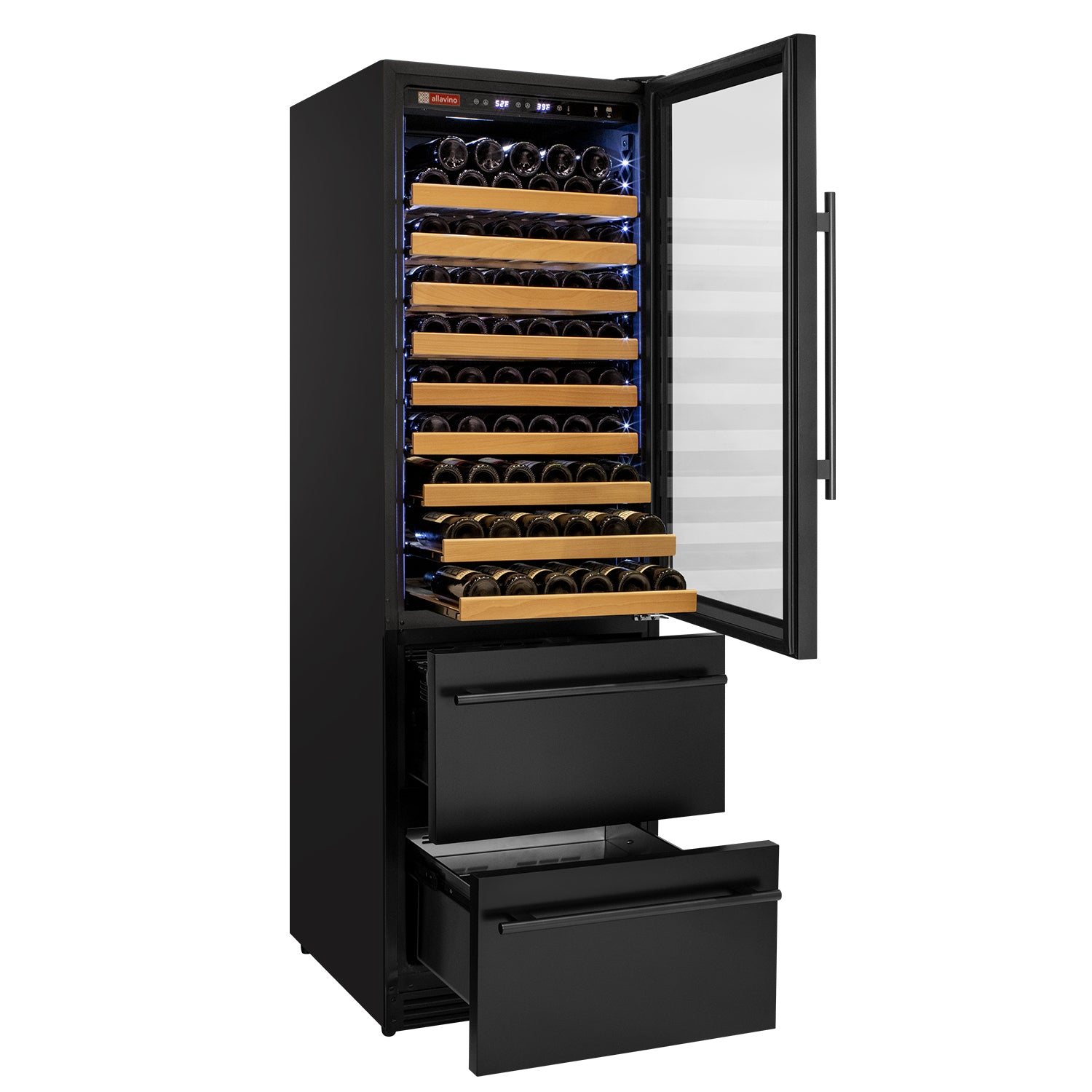 Allavino 108 Bottle Black Wine Refrigerator With Two Refrigerated Drawers - View 4 | Fridge.com